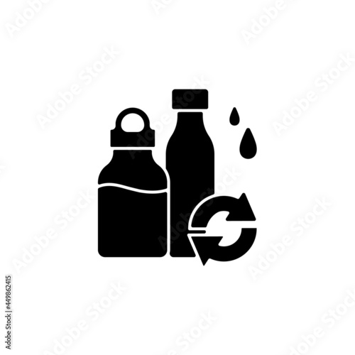 Water bottles refill black glyph icon. Eco friendly package for drinks. Glass bottles. Reusable products to reduce carbon print. Silhouette symbol on white space. Vector isolated illustration photo
