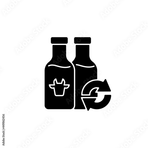 Refillable milk bottles black glyph icon. Glass bottle for lactose drink. Eco friendly package. Grocery products with calcium. Silhouette symbol on white space. Vector isolated illustration