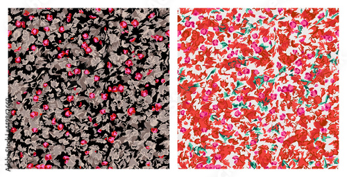 Two color options of seamless pattern with hand-drawn absract flowers and leaves, doodle floral pattern, artistic backdrop. vector EPS