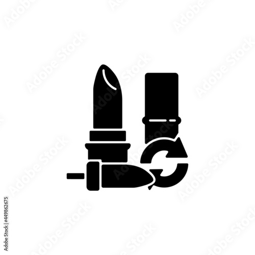 Refillable lipstick black glyph icon. Sustainable cosmetic. Eco friendly package. Zero waste container. Reusable products. Lip balm tube. Silhouette symbol on white space. Vector isolated illustration