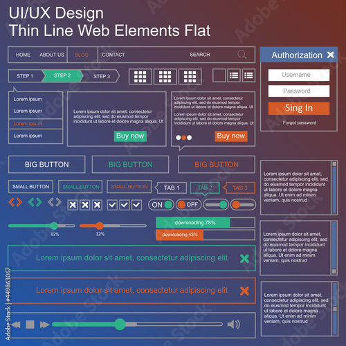 Vector UI UX kit for mobile applications and web sites. Universal user interface template with responsive design, tools and buttons. Flat menu icons and control elements on color blue background.