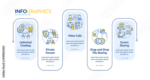 Business messaging option vector infographic template. Messenger presentation outline design elements. Data visualization with 5 steps. Process timeline info chart. Workflow layout with line icons
