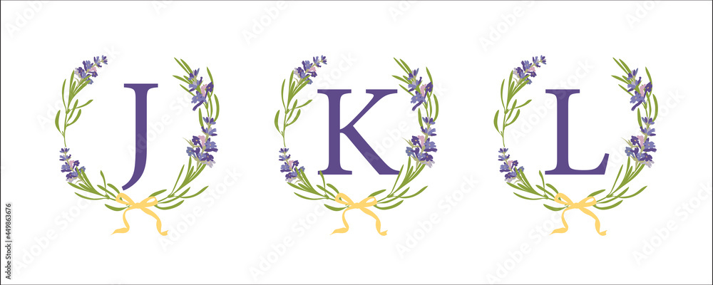 A B C letter. Set modern hand-drawn flat sketch illustrations. Lavender flower wreath with alphabet monogram. good idea for wedding decor. Vintage vector typographic emblem, logo, label design. A B C letter. Set modern hand-drawn flat sketch illustrations. Lavender flower wreath with alphabet monogram. good idea for wedding decor. Vintage vector typographic emblem, logo, label design.