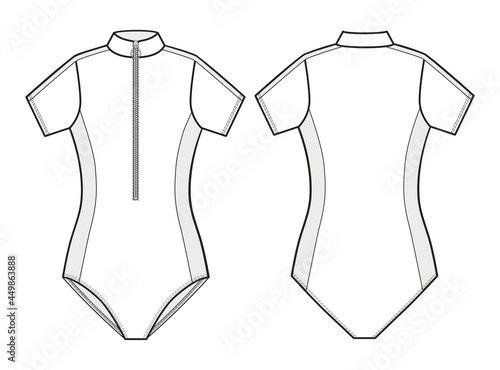 Fashion technical drawing of a wetsuit with sleeves and stand collar