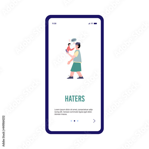 Online haters and cyberbullying adaptation screen, vector illustration.