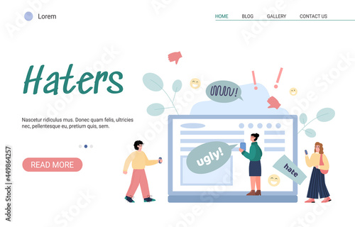 Site with people facing bullying in internet, flat vector illustration.