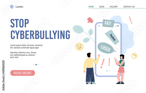 Stop cyberbullying header of website, flat cartoon vector illustration.