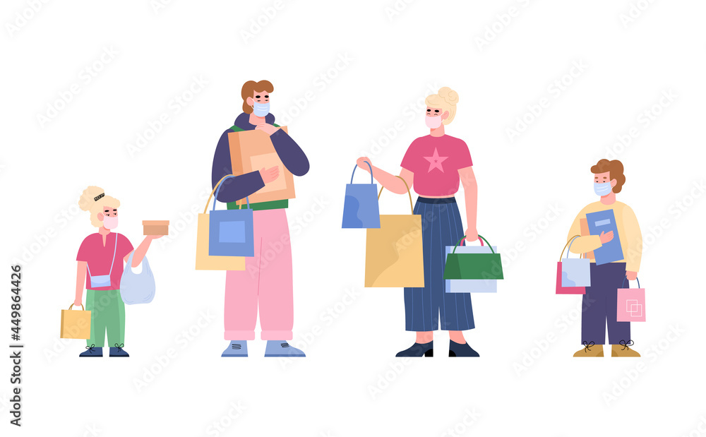 Father, mother and children with shopping bags, vector illustration isolated.
