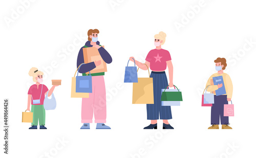 Father, mother and children with shopping bags, vector illustration isolated.