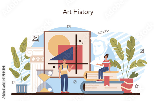 History of art school education. Student studying art history. Teacher tell