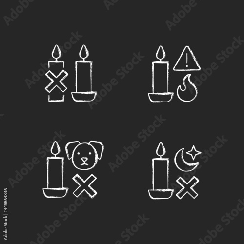 Fire safety warning label chalk white manual label icons set on dark background. Keep candle away from dog. Isolated vector chalkboard illustrations for product use instructions on black