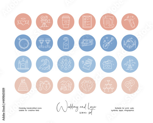 Set of hand drawn line art vector wedding and love illustrations. Vector line icons set for social media story highlight covers.