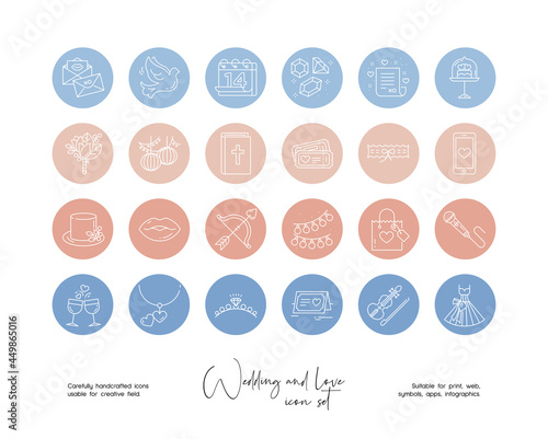 Set of hand drawn line art vector wedding and love illustrations. Vector line icons set for social media story highlight covers.