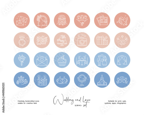 Set of hand drawn line art vector wedding and love illustrations. Vector line icons set for social media story highlight covers.