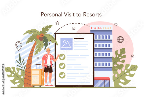 Tour agent concept. Vacation organization agency. Specialist checking