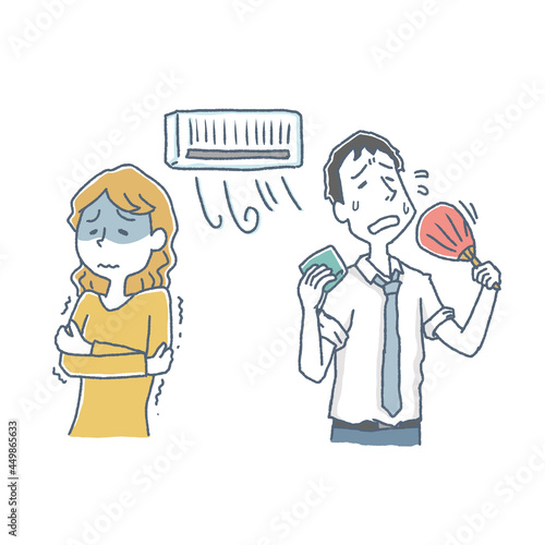 エアコンで寒がる女性と暑い男性