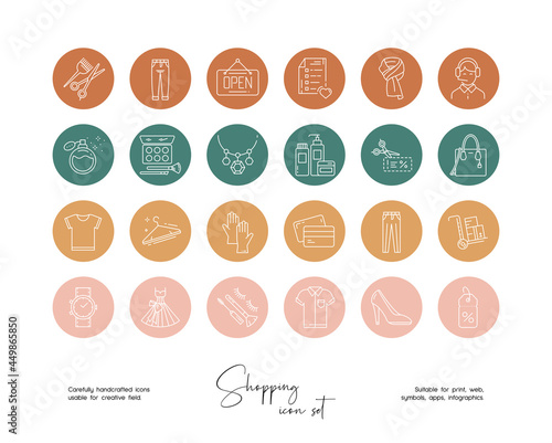 Set of hand drawn line art vector online shopping illustrations. Vector line icons set for social media story highlight covers.