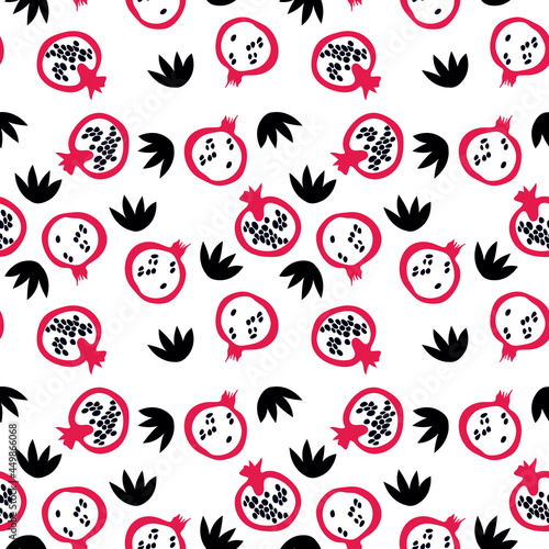 Trendy seamless pattern with pomegranate and leaves. Summer print with fruits in scandinavian style.