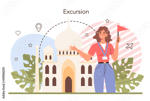 Tour guide concept. Tourists listening to the history of the city