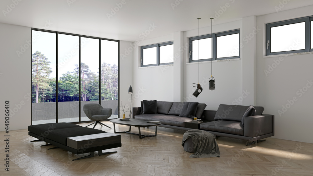 Illustration 3D rendering large luxury modern bright interiors Living room mockup computer digitally generated image Illustration 3D rendering large luxury modern bright interiors Living room mockup computer digitally generated image