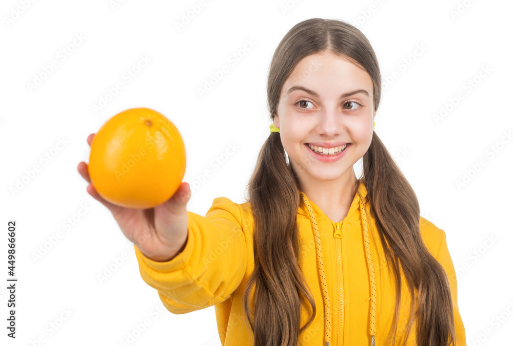 happy teen girl with orange citrus fruit. vitamin and dieting. child eating healthy food. happy teen girl with orange citrus fruit. vitamin and dieting. child eating healthy food.