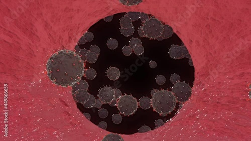 Close-up of virus in lungs body  under microscope., SARS-CoV-2 COVID-19 pandemic cure or vaccination concept. Realistic high quality medical 3D animation