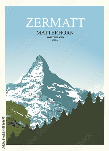 Wallpaper Mural Stylish travel poster. View of the Matterhorn near Zermatt