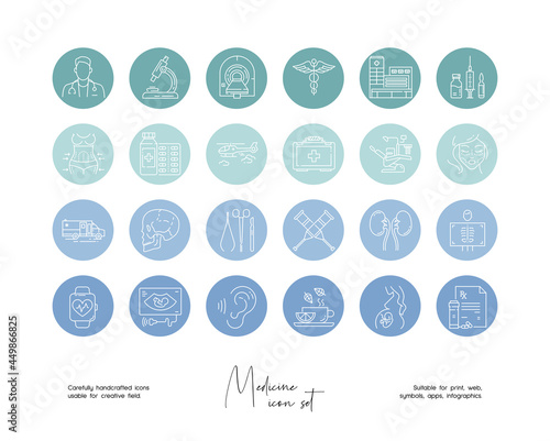 Set of hand drawn line art vector medicine illustrations. Vector line icons set for social media story highlight covers.