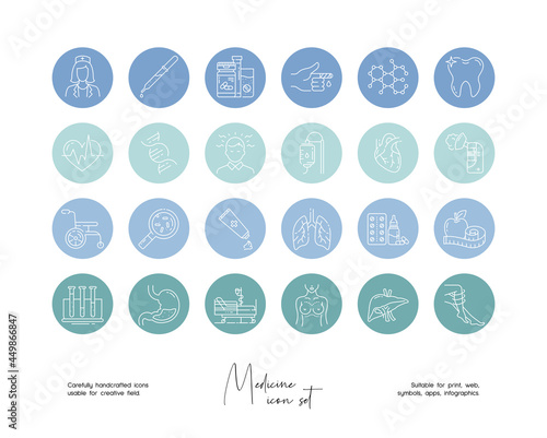 Set of hand drawn line art vector medicine illustrations. Vector line icons set for social media story highlight covers.