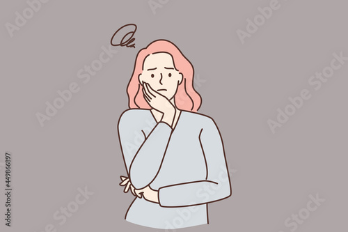 Feeling worried and frustration concept. Young irritated frustrated woman cartoon character standing touching chick looking at camera vector illustration 