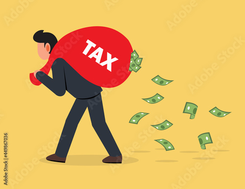 Businessman walking & carrying big heavy sack full of cash money. Paying high taxes concept