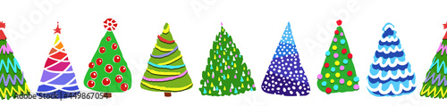 Seamless border or frame with hand drawn doodle funny Christmas tree set. Colorful holiday cute vector green trees. Simple artistic stroke symbol. Many silhouette pattern decor icons. 