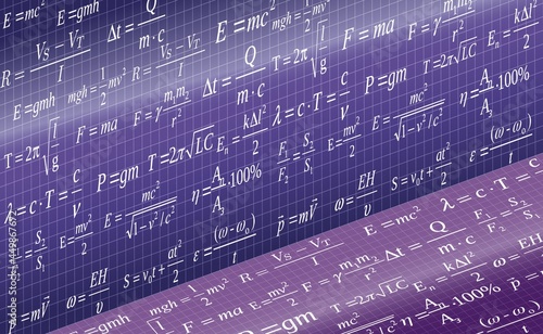 Background for a presentation on physics. Physics, formulas, perspective. Abstract vector illustration of formulas in physics located on the wall and on the floor of a purple shade.