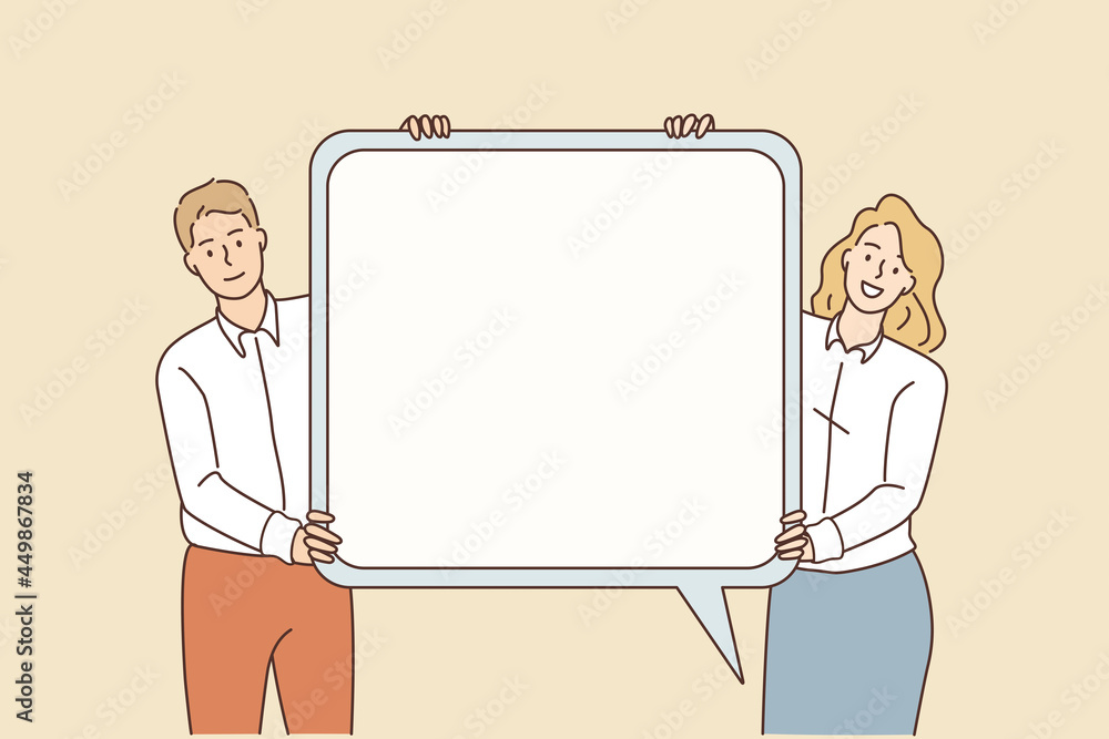 Communication and speech sign concept. Young smiling Businessman and woman standing holding white mockup speech bubble in hands vector illustration Communication and speech sign concept. Young smiling Businessman and woman standing holding white mockup speech bubble in hands vector illustration