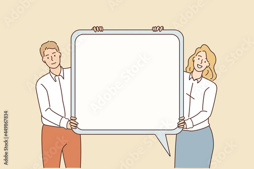 Communication and speech sign concept. Young smiling Businessman and woman standing holding white mockup speech bubble in hands vector illustration 