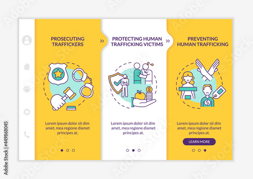 Anti-trafficking policy elements onboarding vector template. Responsive mobile website with icons. Web page walkthrough 3 step screens. Stop trafficking color concept with linear illustrations