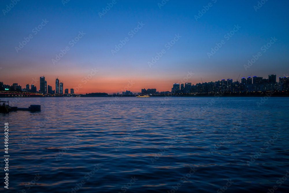 the sunset of the Han River in Seoul