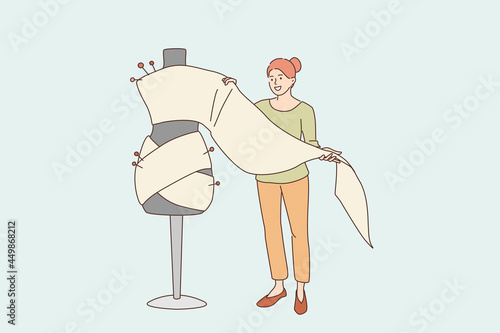 Dressmaking and fashion design concept. Young smiling woman cartoon character standing holding textile for making sewing dress or costume vector illustration 