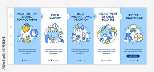 Trafficking of children onboarding vector template. Responsive mobile website with icons. Web page walkthrough 5 step screens.Child slavery and exploitation color concept with linear illustrations