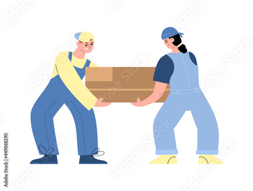 Warehouse workers carry a heavy box together in flat style vector illustration