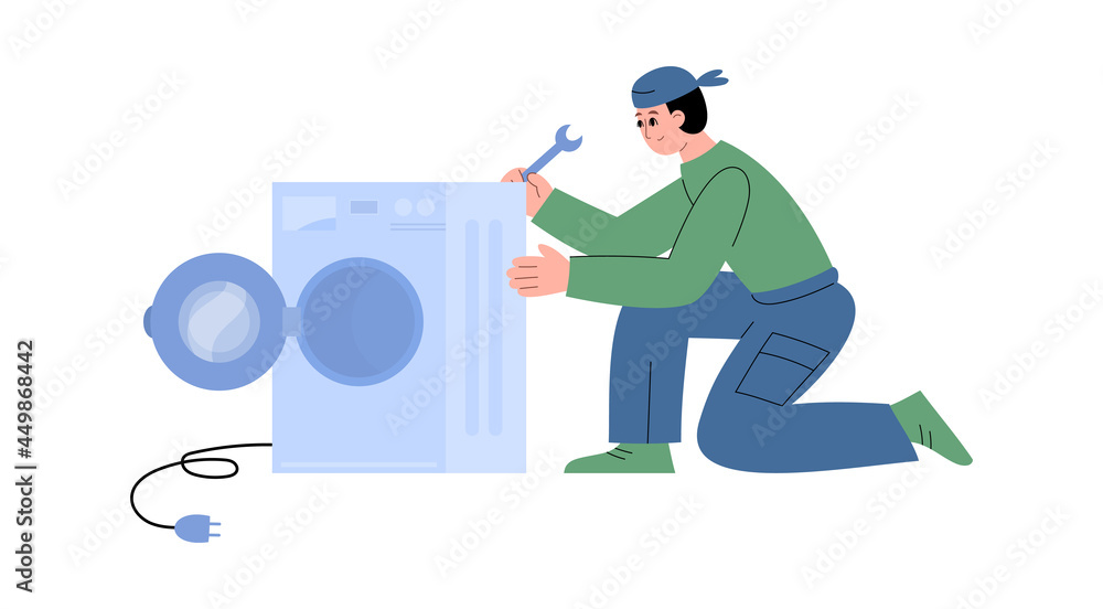 Plumber fixing washing machine in flat vector illustration isolated