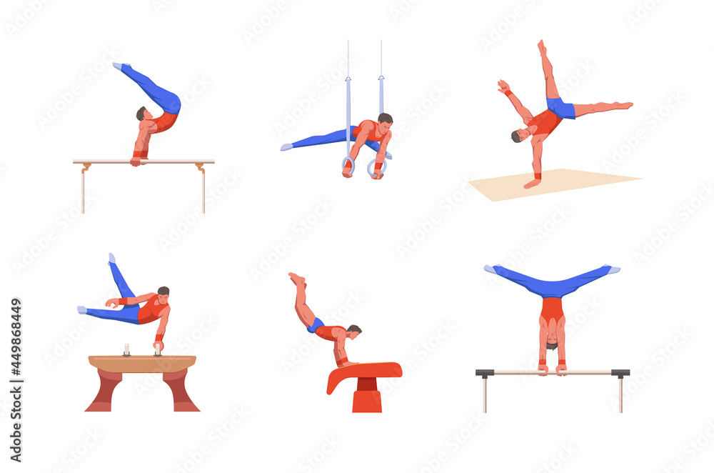 A gymnast with an athletic physique performs an artistic gymnastic programme on variable apparatuses. Vector flat design illustration. Individual all-around competition set. A gymnast with an athletic physique performs an artistic gymnastic programme on variable apparatuses. Vector flat design illustration. Individual all-around competition set.