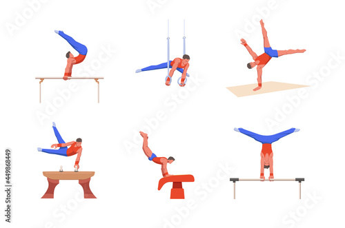 A gymnast with an athletic physique performs an artistic gymnastic programme on variable apparatuses. Vector flat design illustration. Individual all-around competition set.
