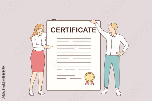 Business certificate and development concept. Young smiling partners woman and man cartoon characters standing holding huge certificate with official stamp in hands vector illustration 