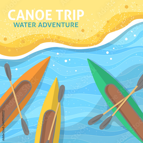 Outdoor kayaking for active recreation. Top view of empty canoes with paddles on the shore of a sandy beach. Boat trips. A place for your text. Colorful vector illustration. Template.