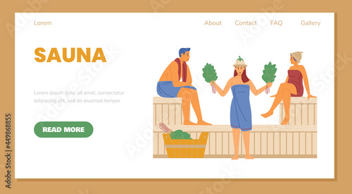 People in towels relaxation at hot sauna or steam banya a vector web banner.