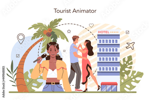 Tourist animator concept. Holiday entertainment, weekend leisure for tourists