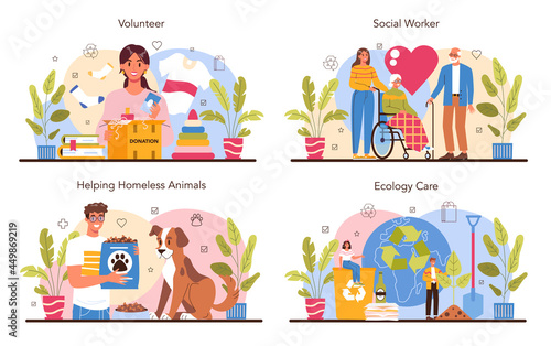Volunteer concept set. Social worker support old and disabled people