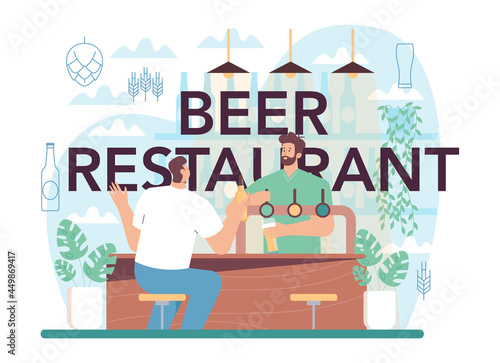 Beer restaurant typographic header. Glass bottle and vintage mug