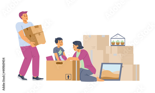 Family moving new house and packing boxes flat vector illustration isolated.